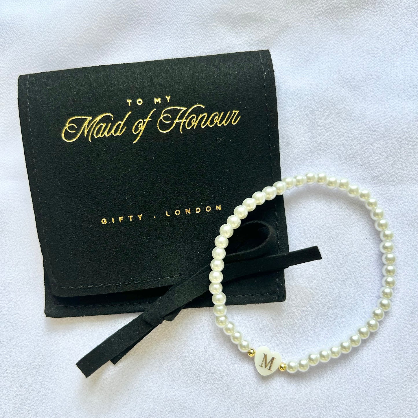 Personalised Bridesmaid Pearl Bracelet With Black Pouch