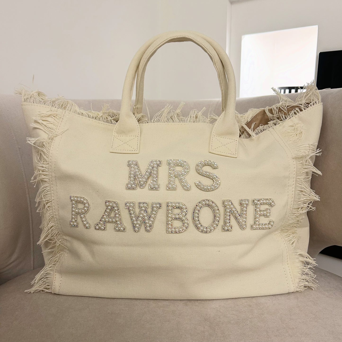 Cream Pearl personalised fringe beach bag