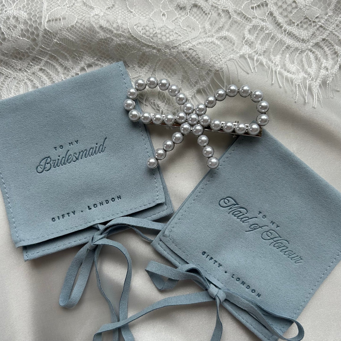 Pearl Bow Bridesmaid Hair Slide With Blue Pouch