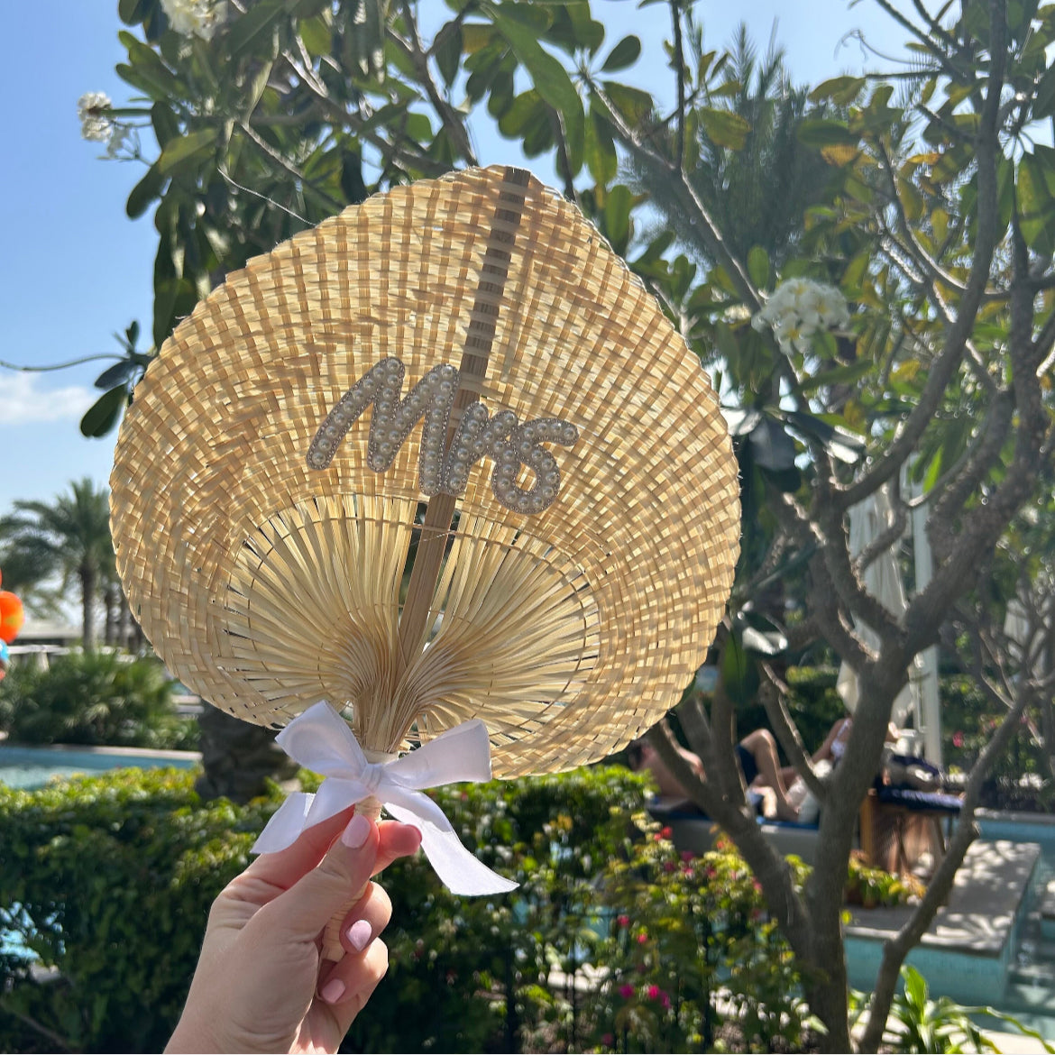 Mrs Pearl & Diamanté Woven Fan with satin bow