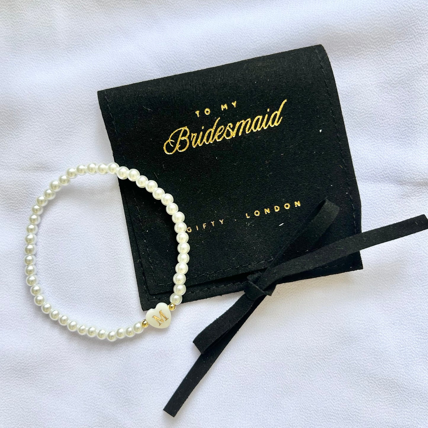 Personalised Bridesmaid Pearl Bracelet With Black Pouch