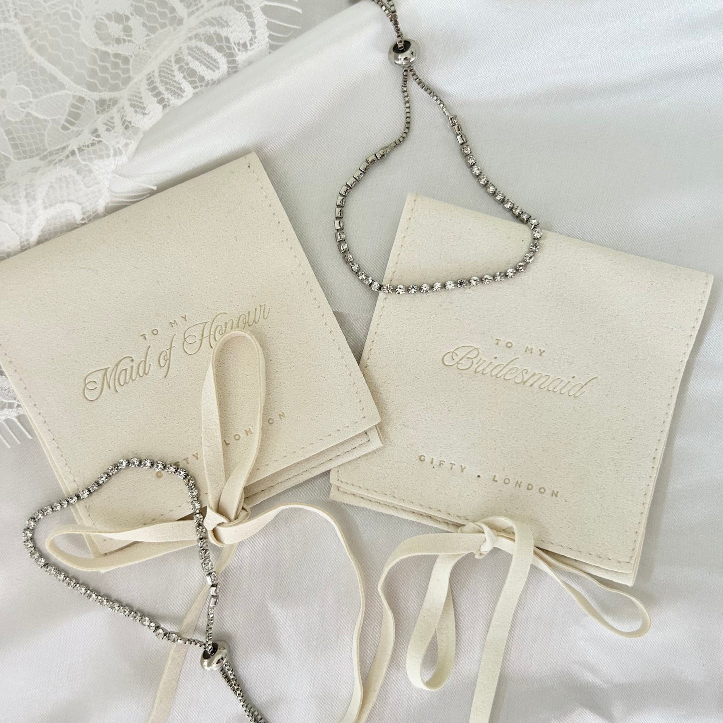 Silver Bridesmaid Bracelet With Cream Pouch
