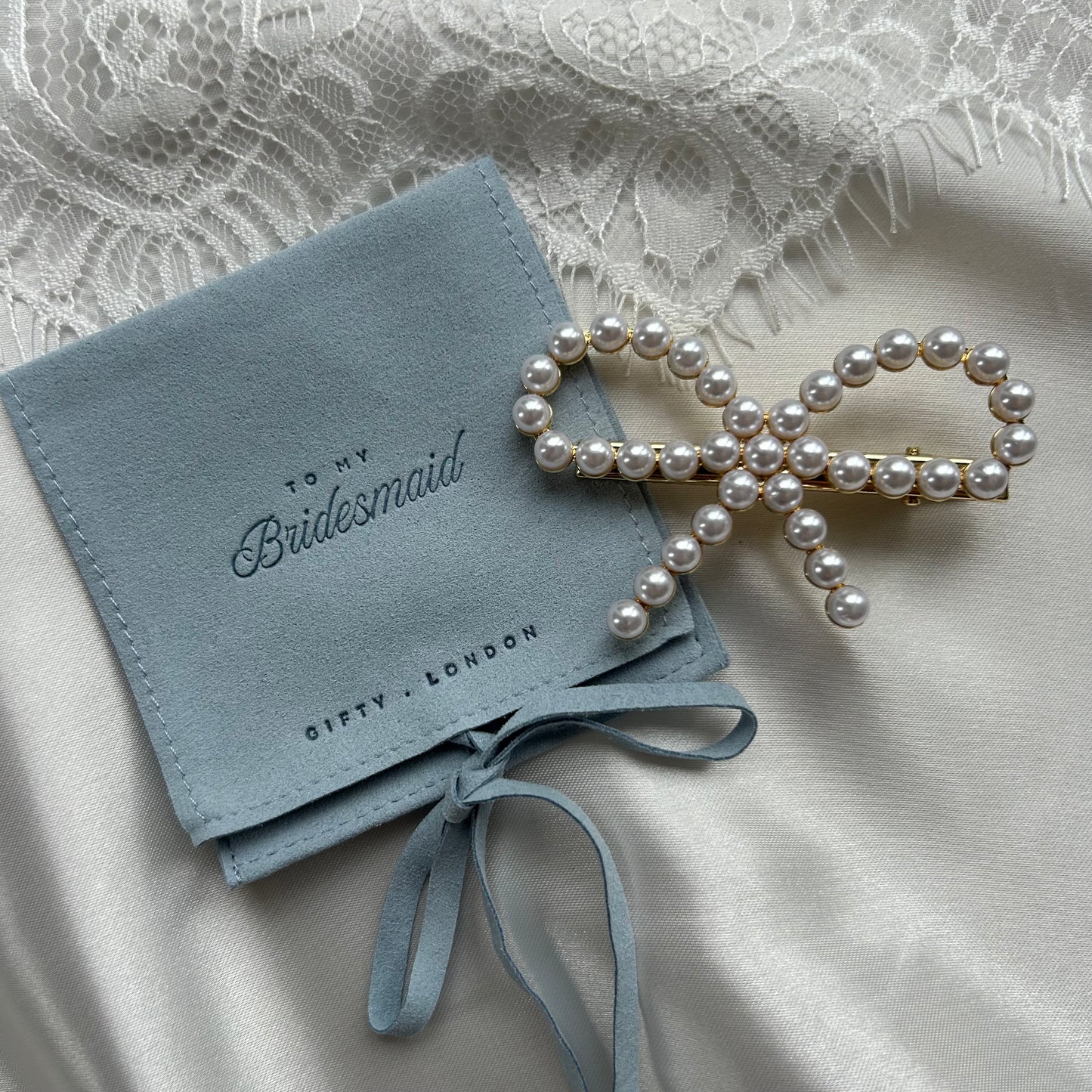 Pearl Bow Bridesmaid Hair Slide With Blue Pouch
