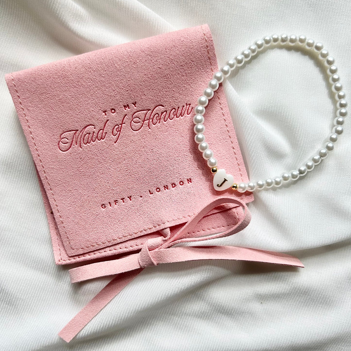 Personalised Bridesmaid Pearl Bracelet With Pink Pouch