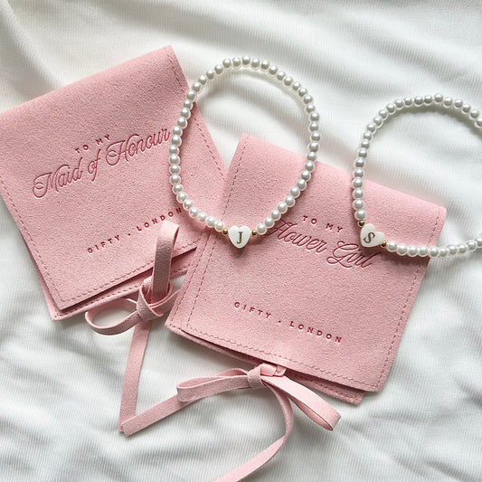 Personalised Bridesmaid Pearl Bracelet With Pink Pouch