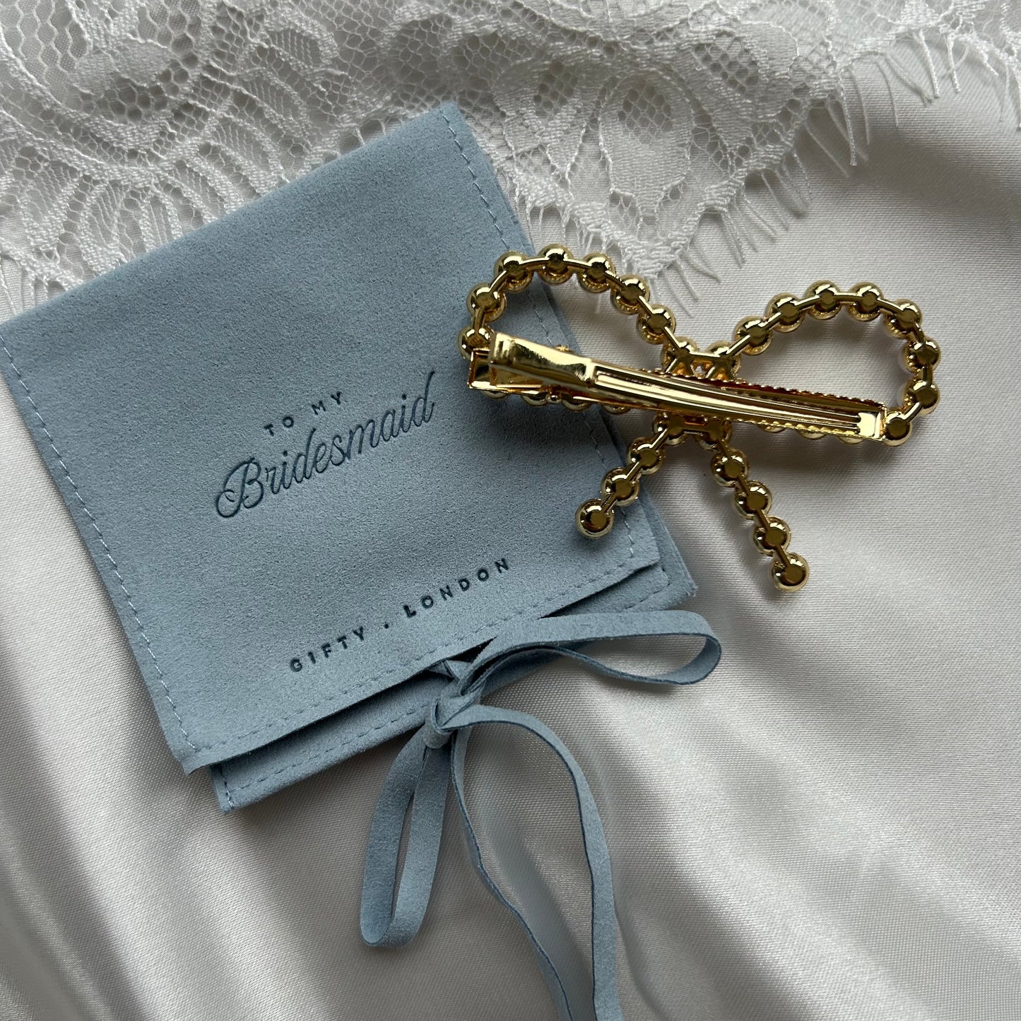 Pearl Bow Bridesmaid Hair Slide With Blue Pouch