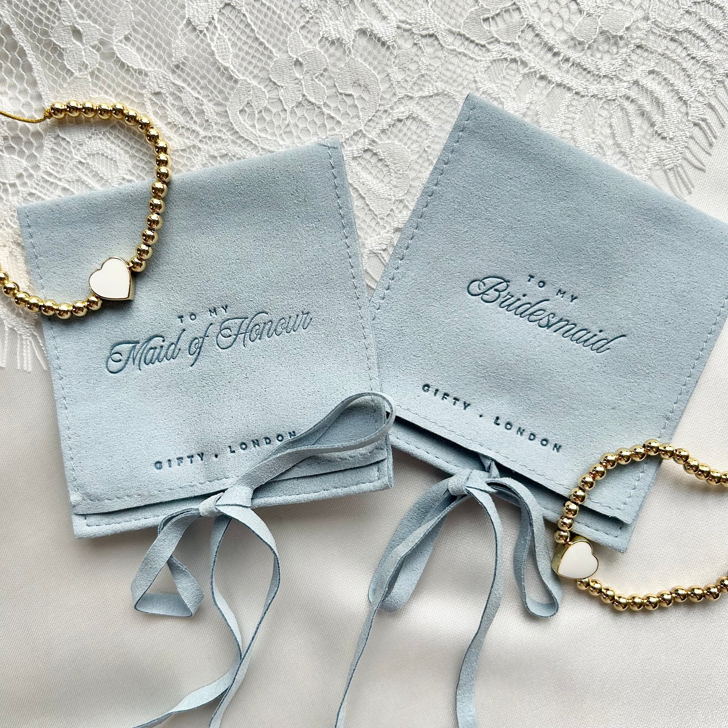 Gold Heart Bridesmaid Bracelet With Blue Pouch