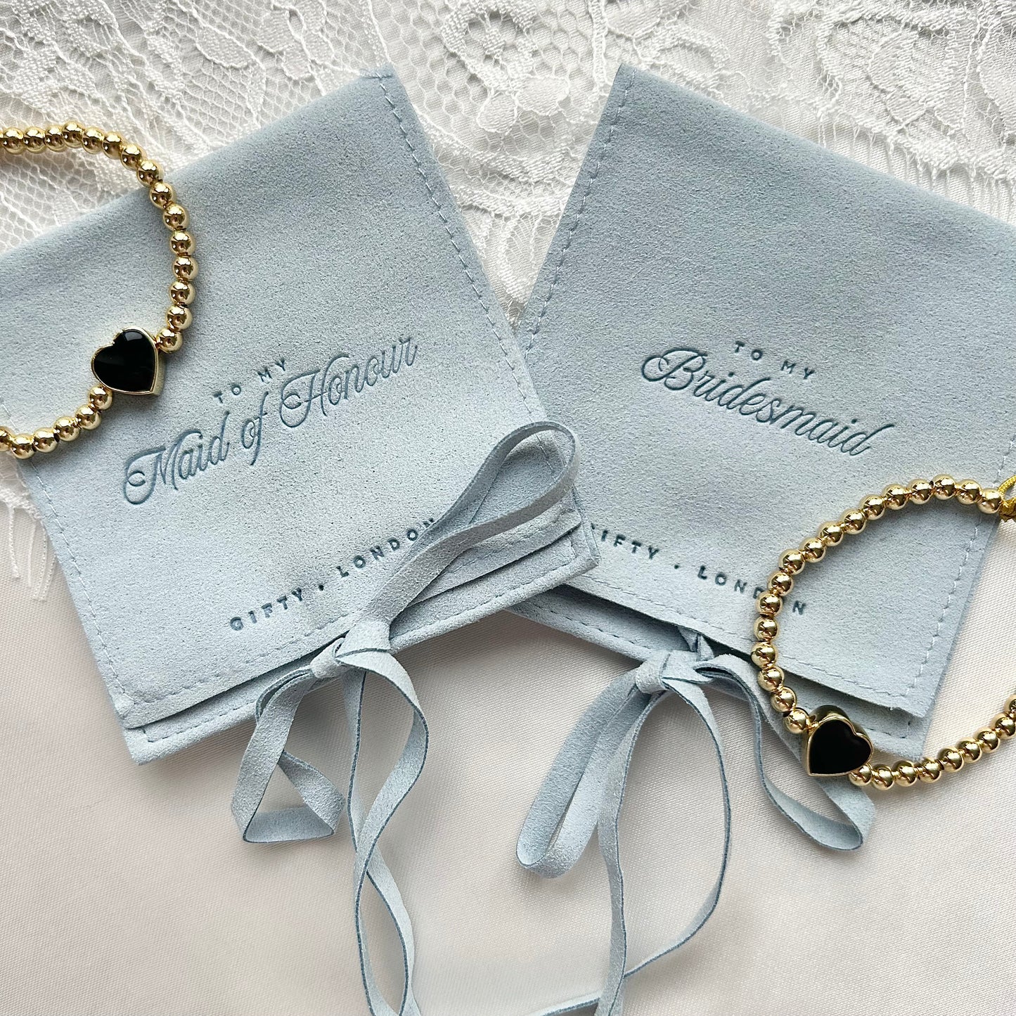 Gold Heart Bridesmaid Bracelet With Blue Pouch