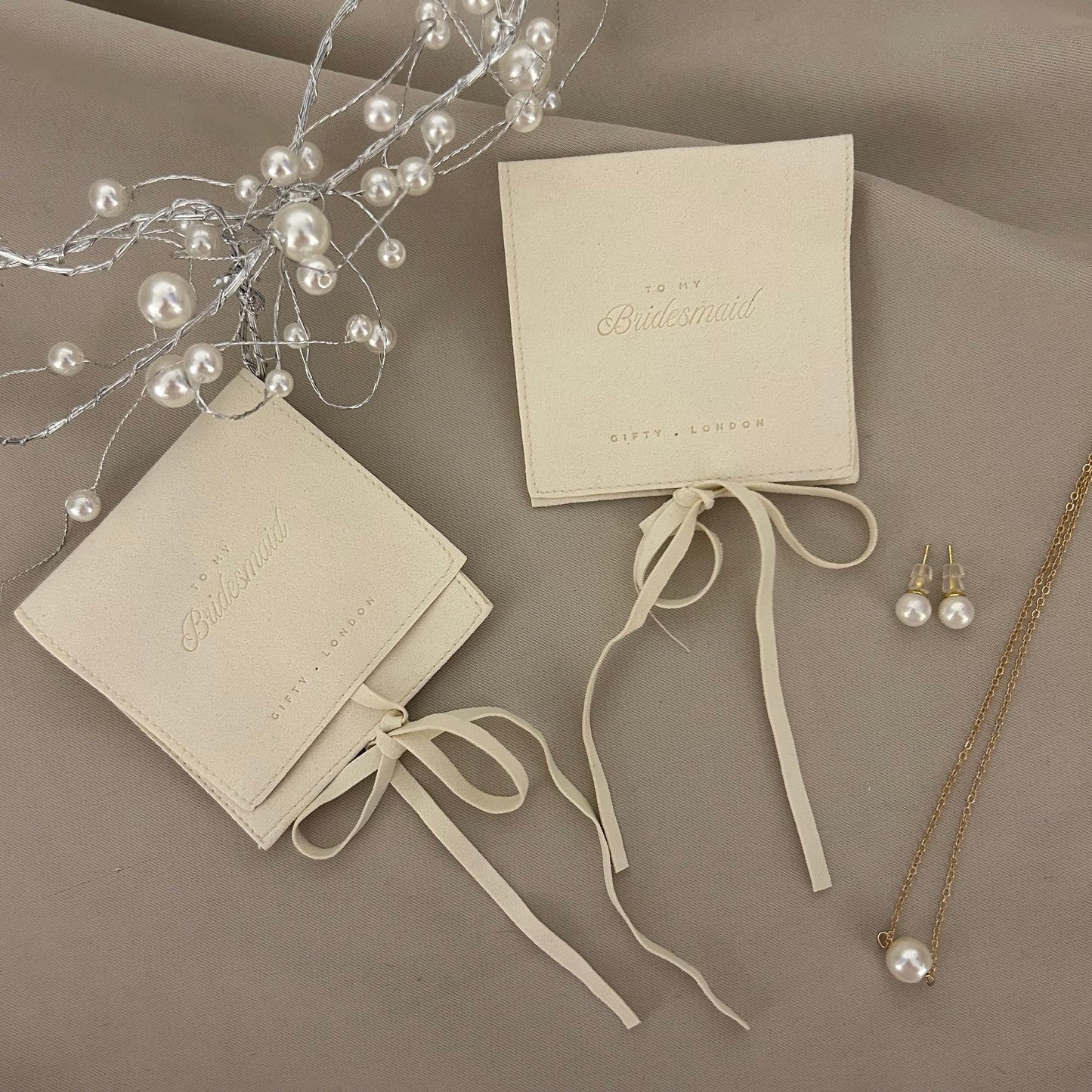 Personalised Bridesmaid Pearl Earring & Necklace With Pouchi