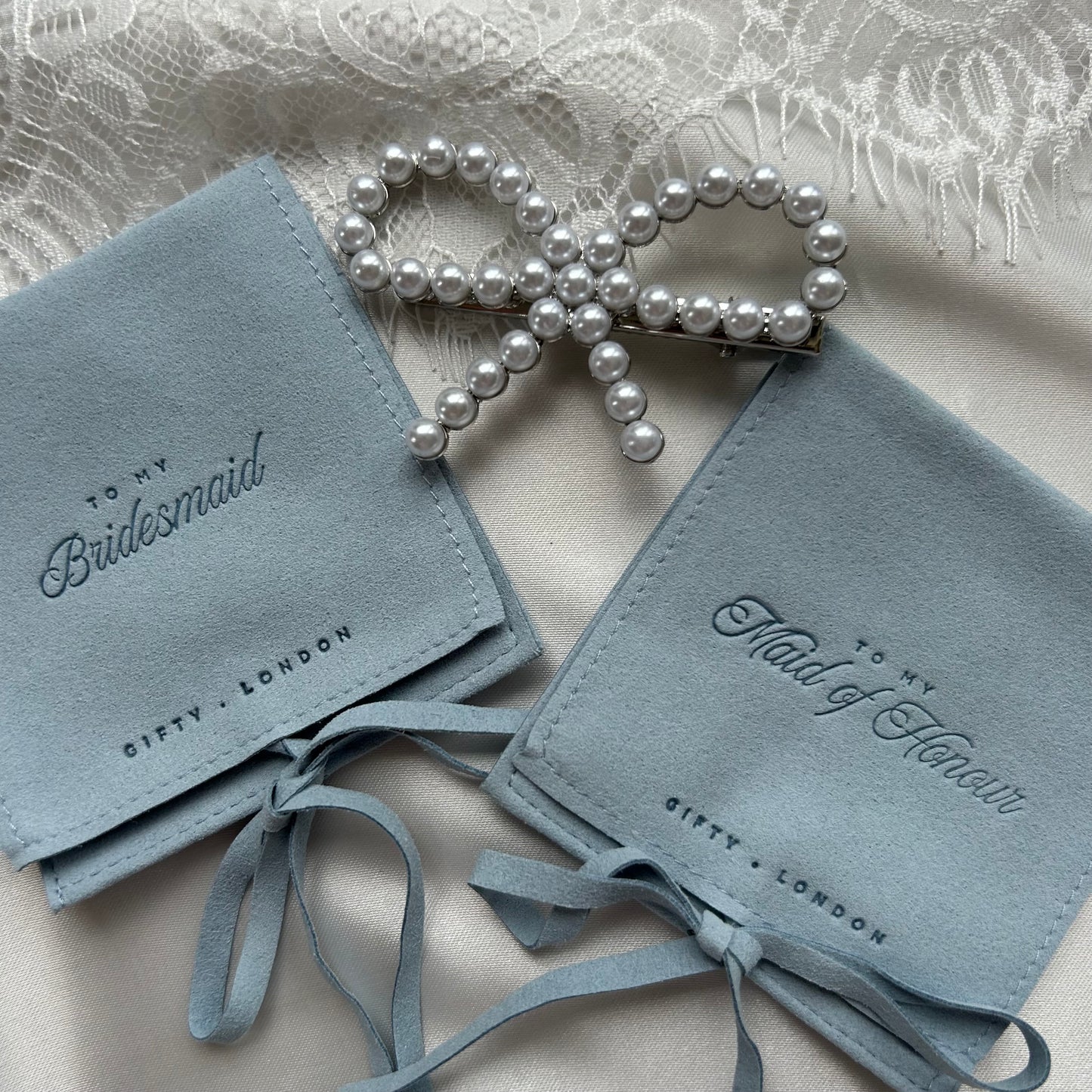 Pearl Bow Bridesmaid Hair Slide With Blue Pouch