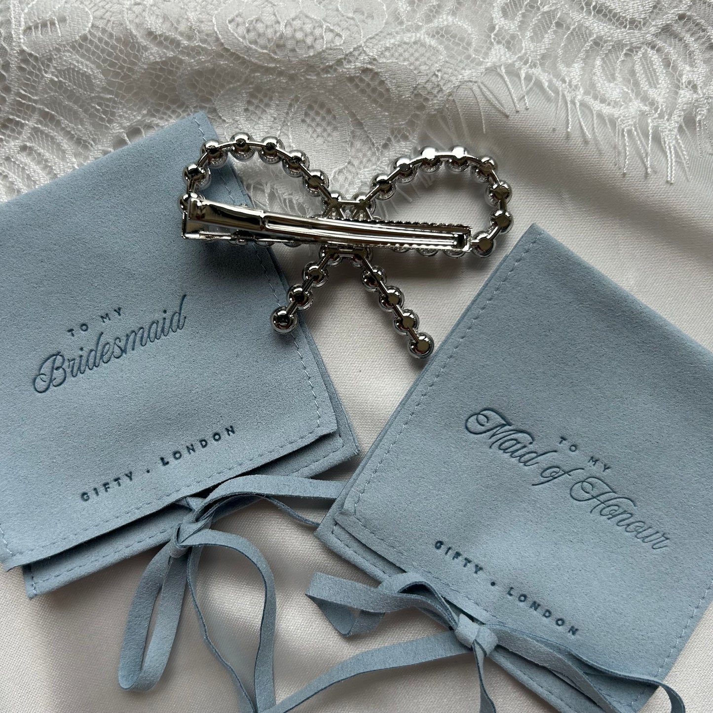 Pearl Bow Bridesmaid Hair Slide With Blue Pouch