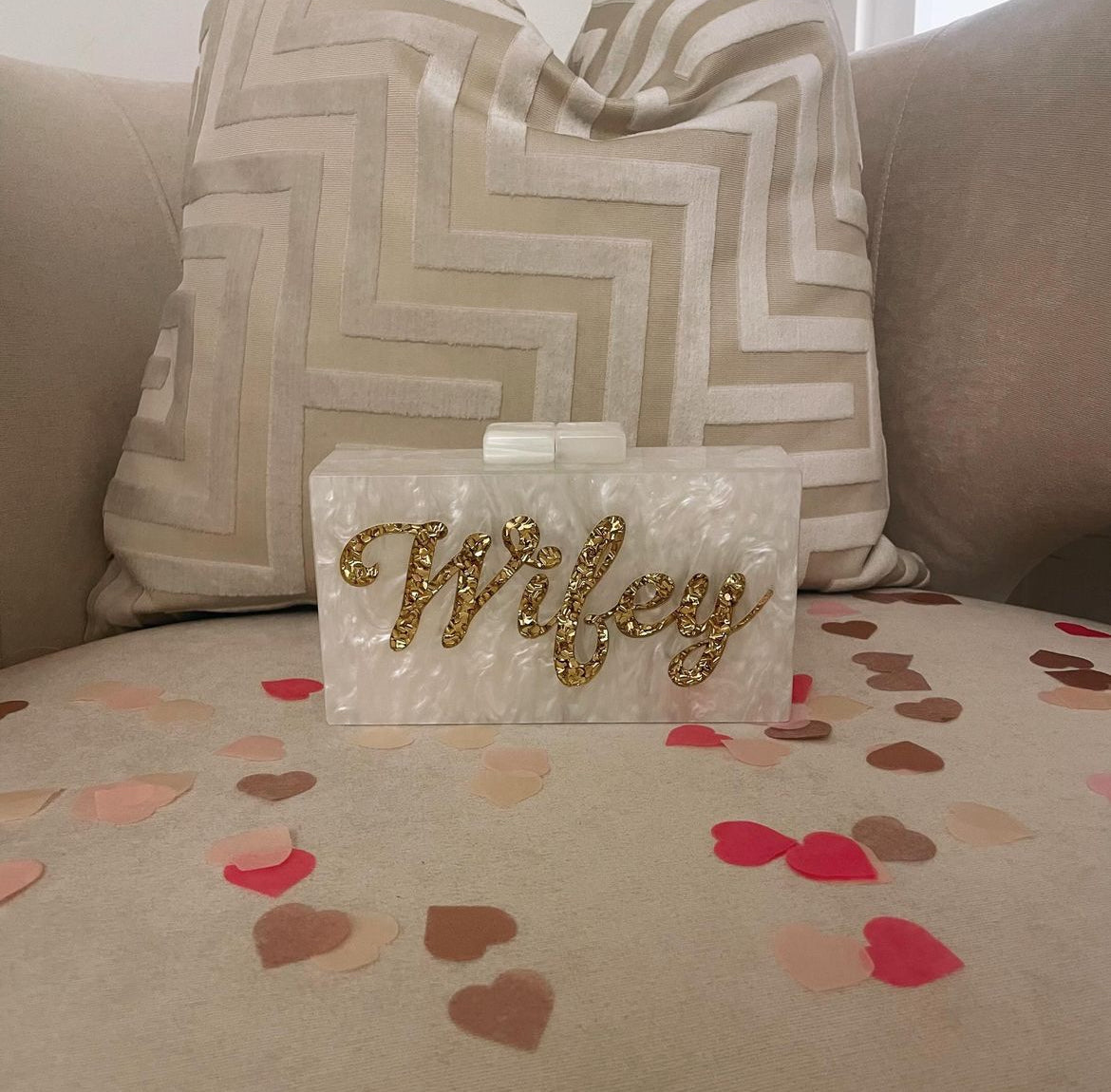 Gold wifey pearl acrylic clutch bag
