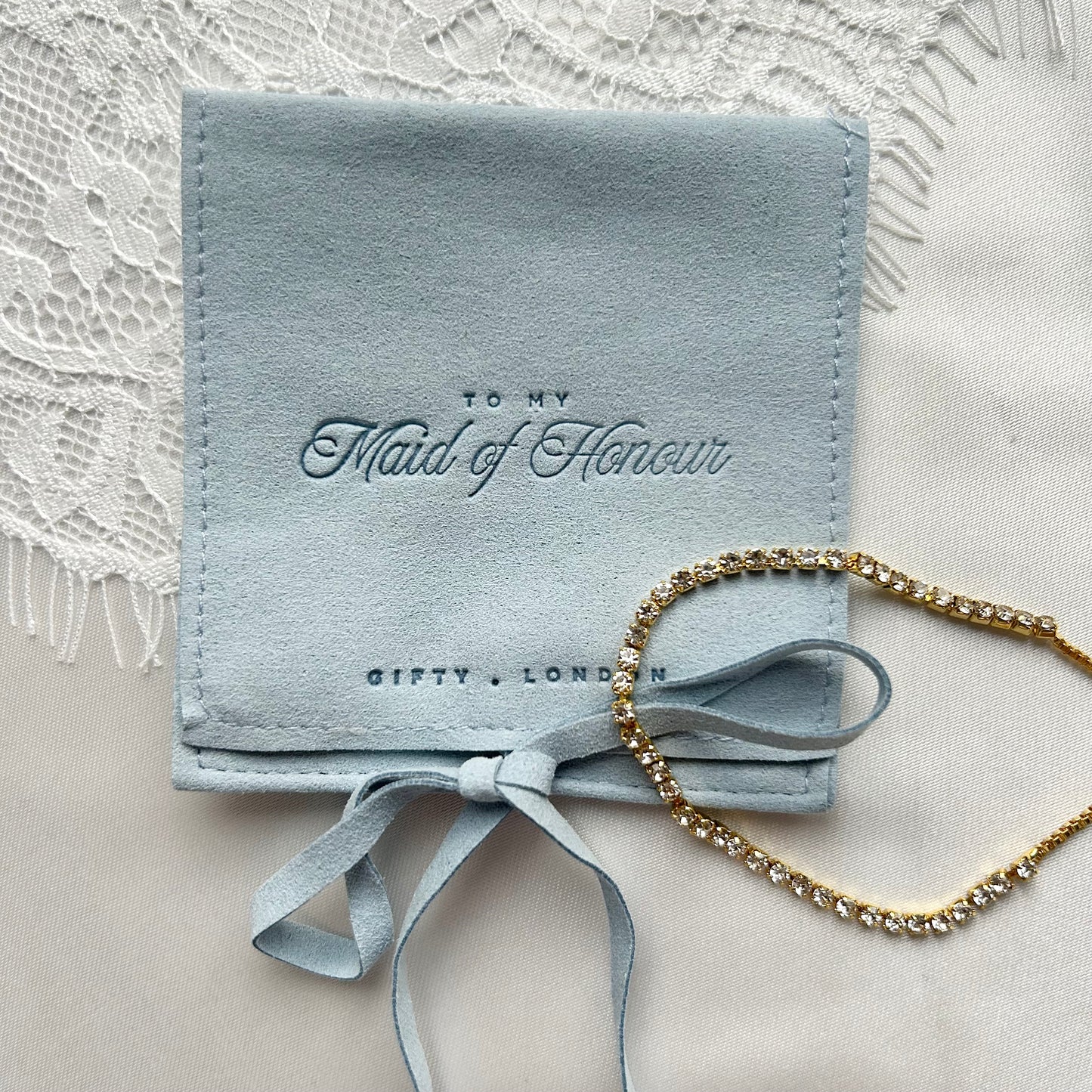 Gold Bridesmaid Bracelet With Blue Pouch