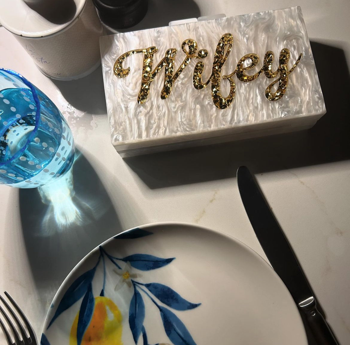 Gold wifey pearl acrylic clutch bag