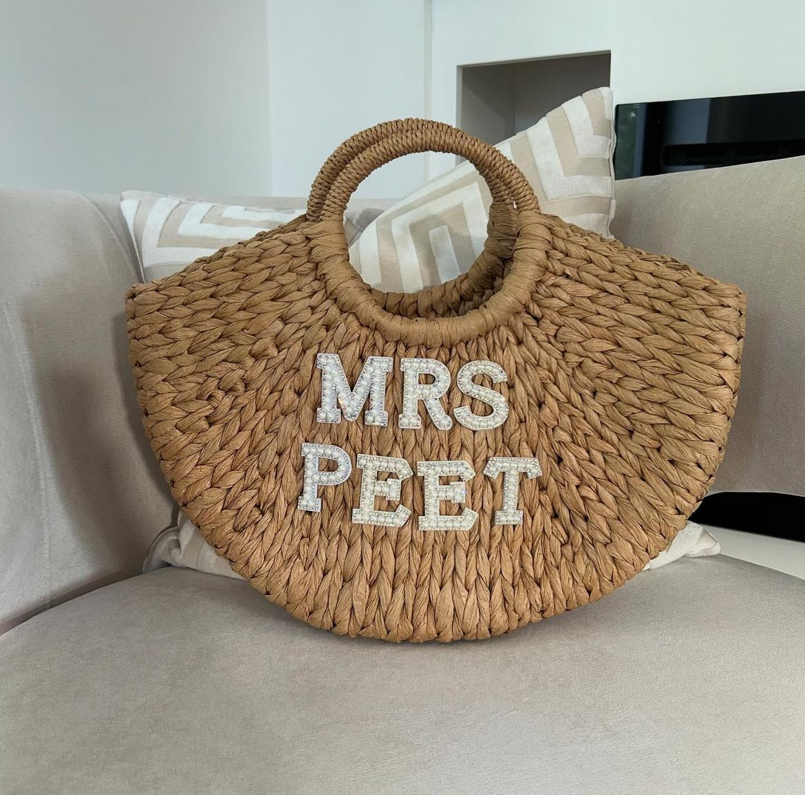Mrs Pearl & Diamanté Personalised Straw Beach Bags