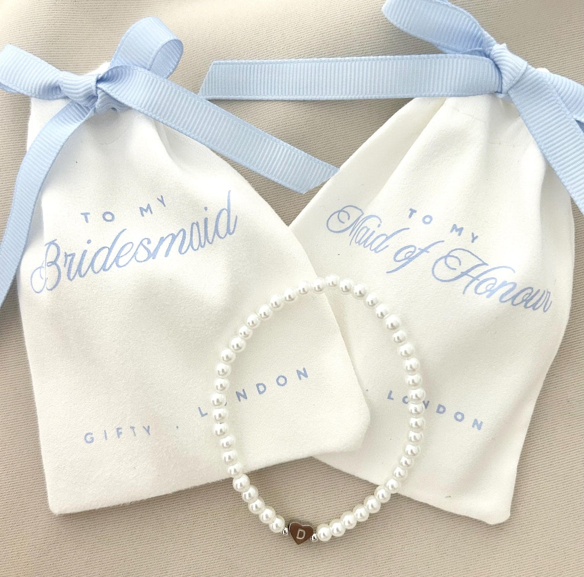 Personalised Bridesmaid Pearl Bracelet With Blue Pouch