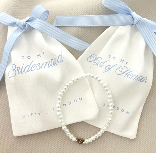 Personalised Bridesmaid Pearl Bracelet With Blue Pouch