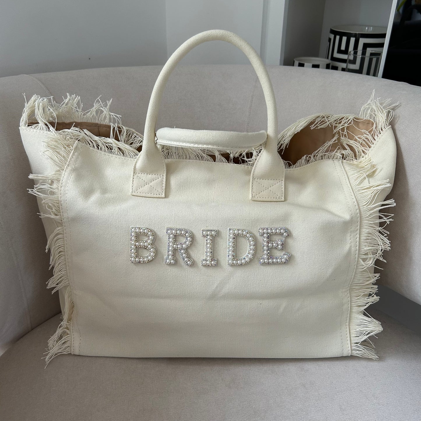 Cream Pearl personalised fringe beach bag