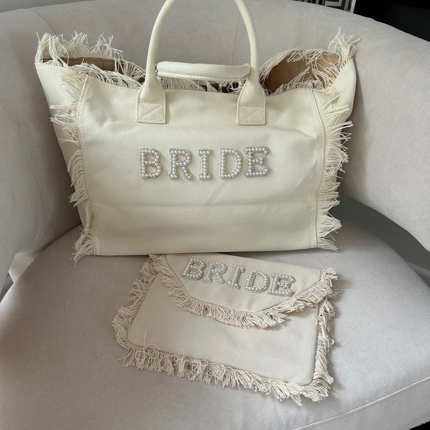 Cream Pearl personalised fringe beach bag
