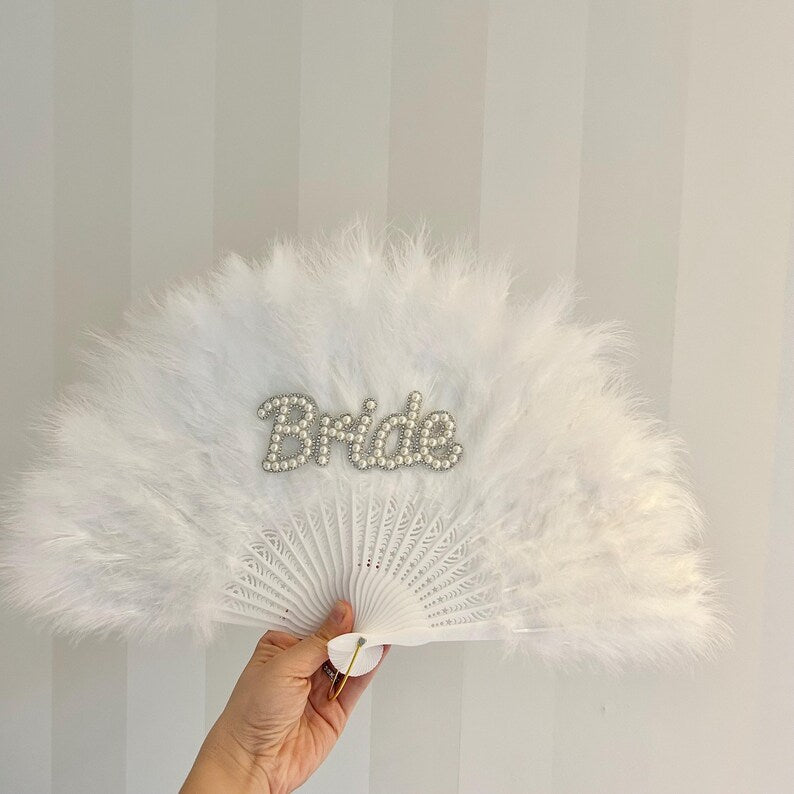 White Personalised Bridal Feather Fan W/ Star Patches