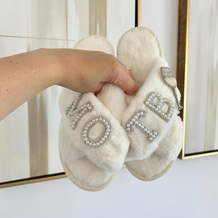 Mother of the Groom Pearl & Diamante Slippers With Decal