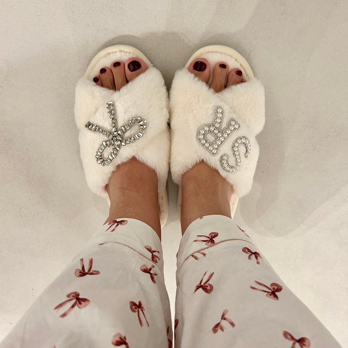 Personalised Bow Pearl & Diamante Slippers