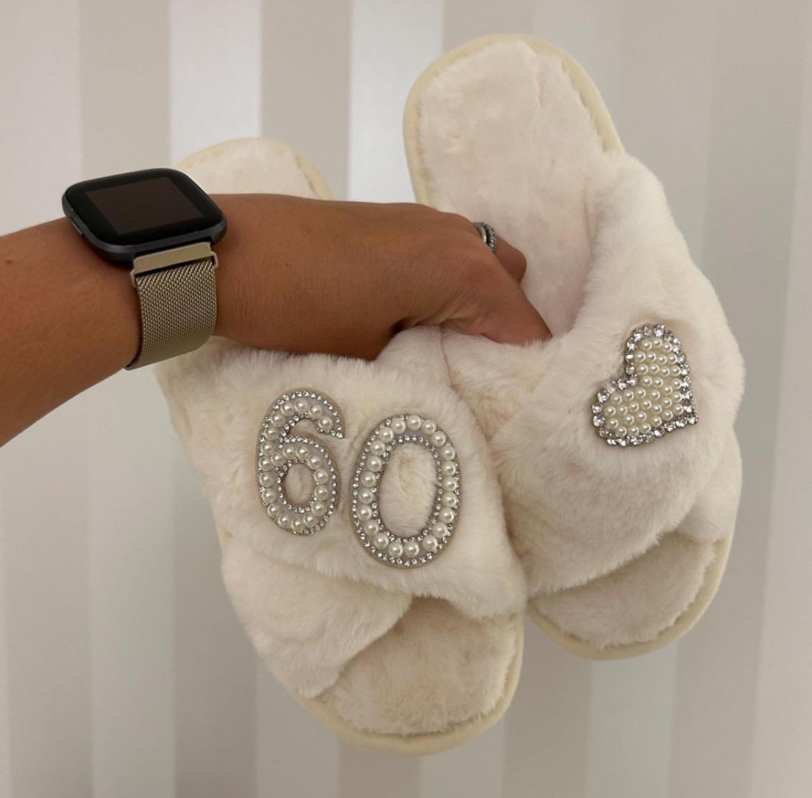 Personalised Birthday Heart Pearl & Diamante Slippers
