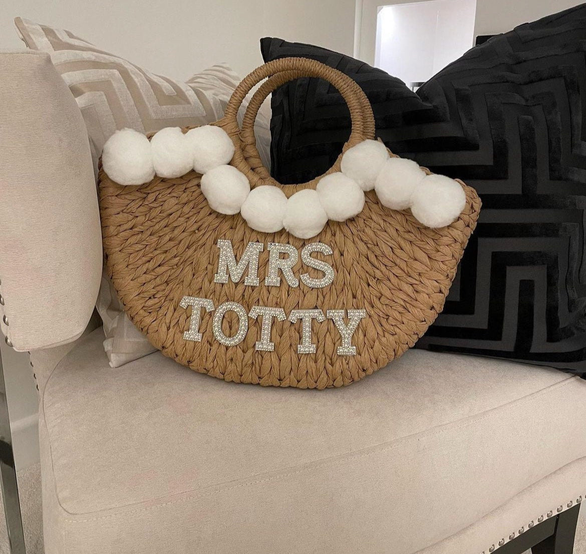 Mrs Personalised Pearl & Diamanté Pom Pom Bags