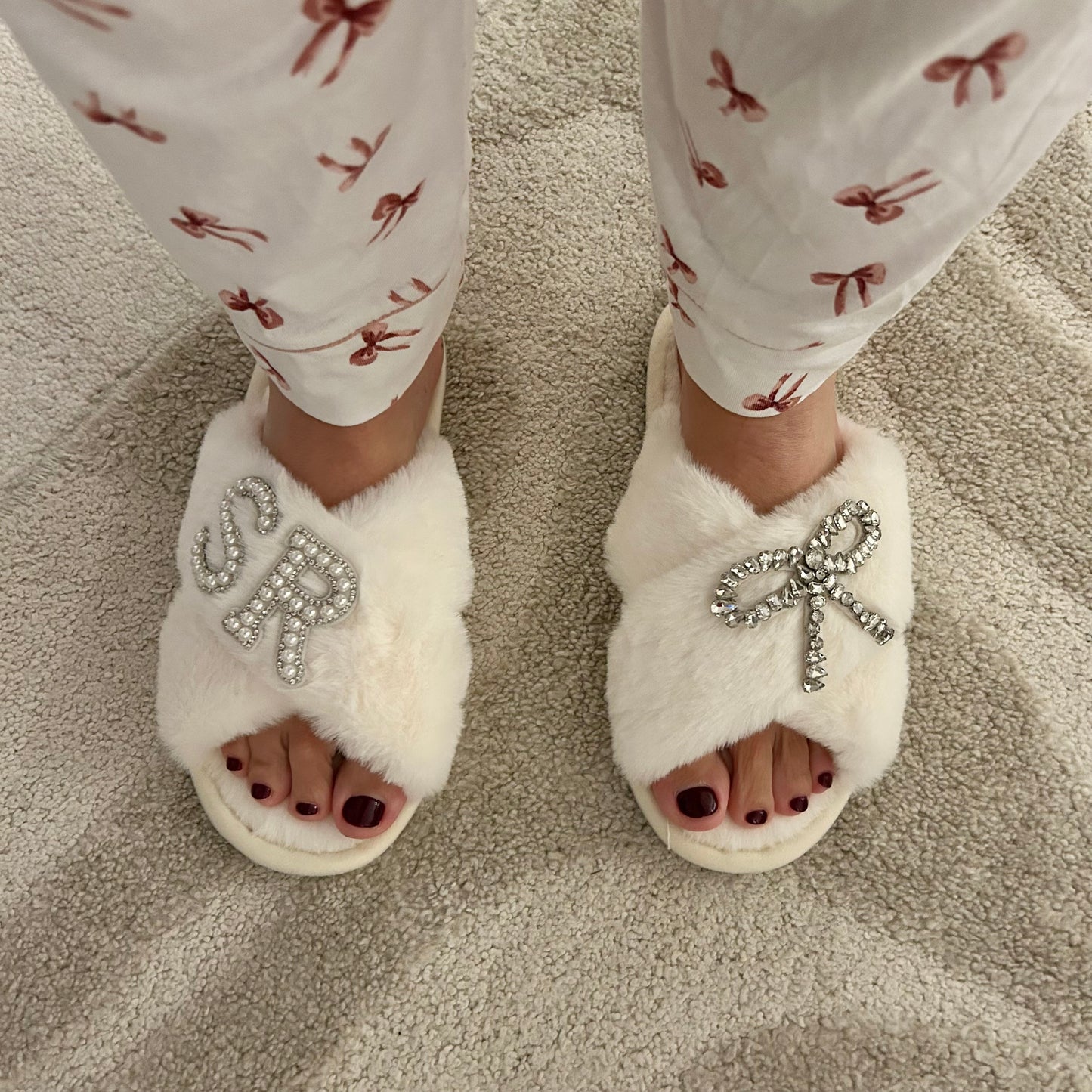 Personalised Bow Pearl & Diamante Slippers