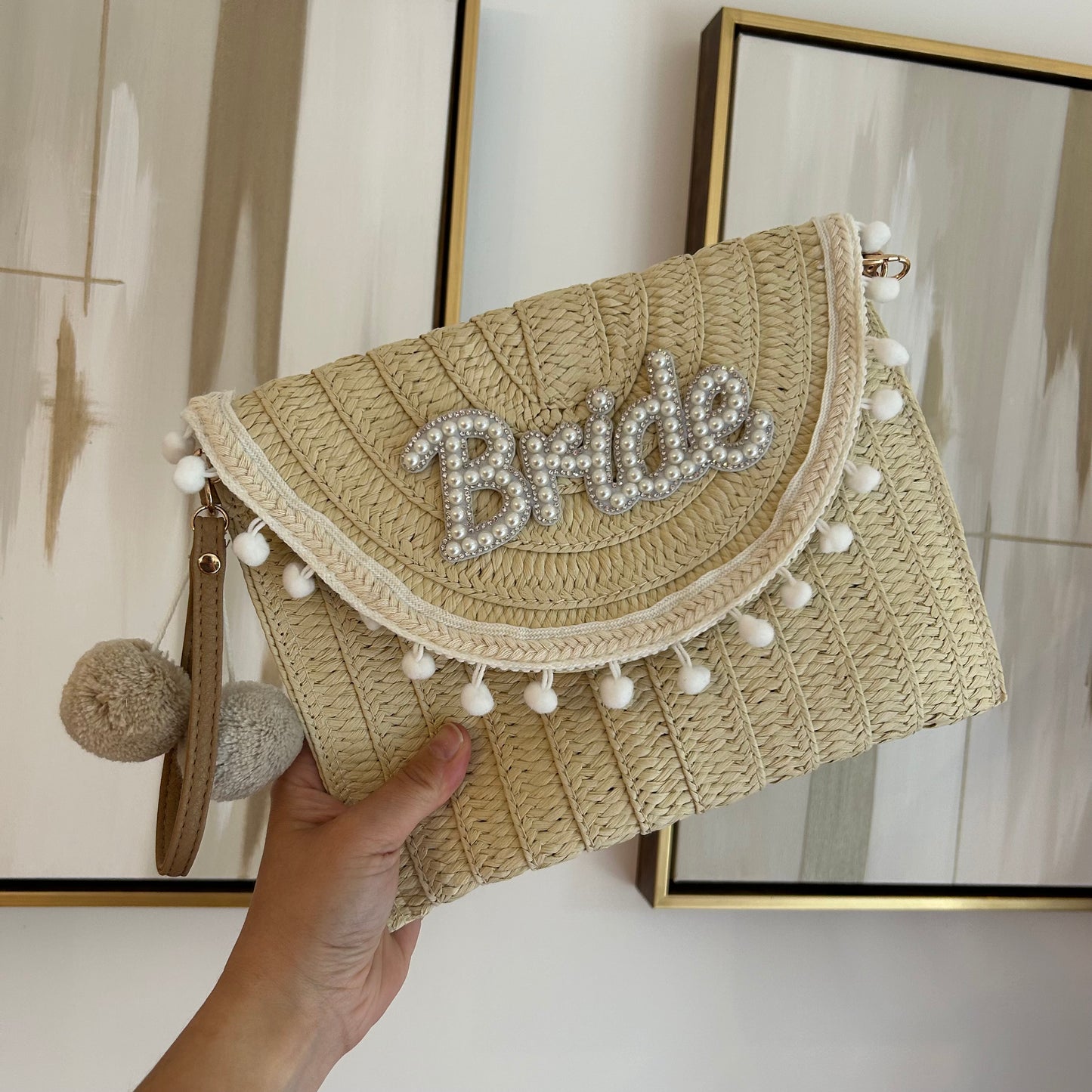 Personalised Woven Pearl and Diamante Clutch Bag with Pom Pom trim