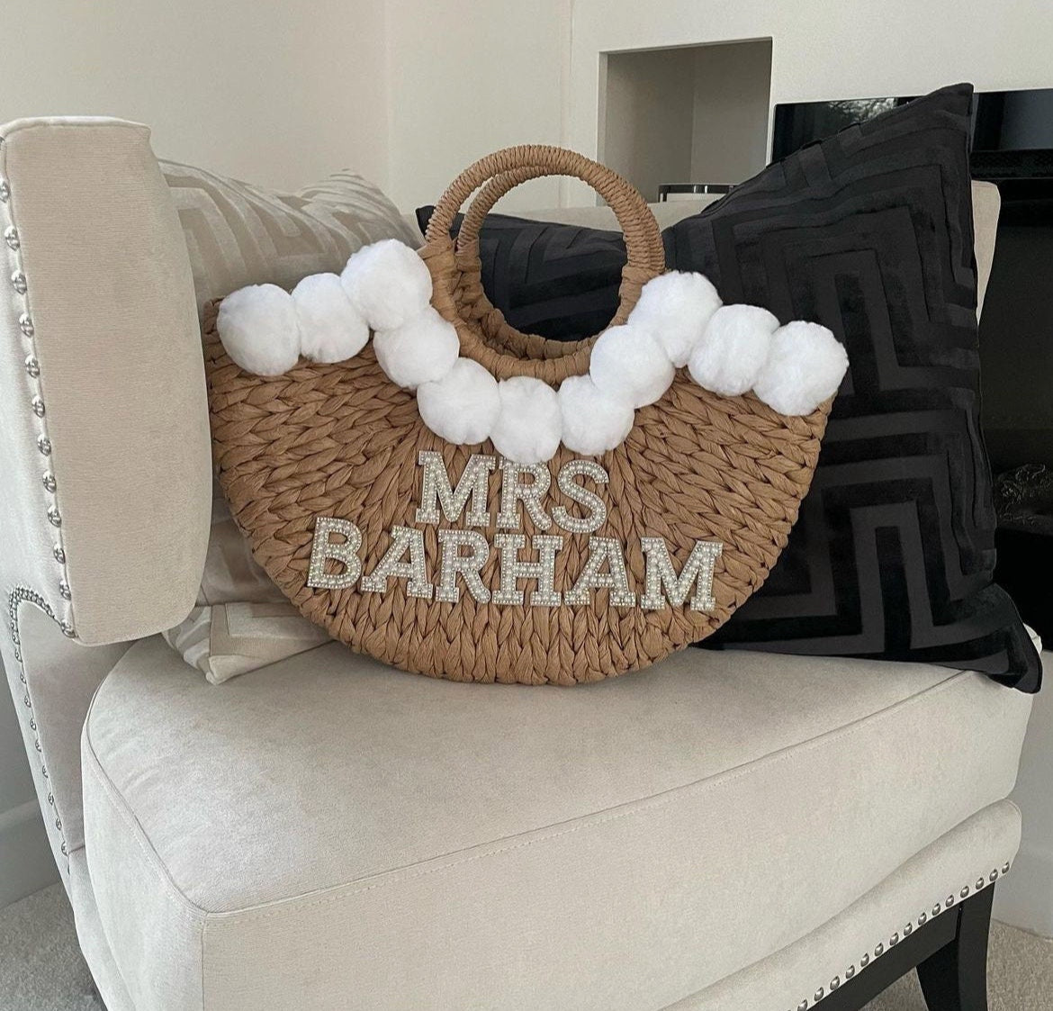 Mrs Personalised Pearl & Diamanté Pom Pom Bags