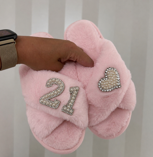 Personalised Birthday Heart Pearl & Diamante Slippers