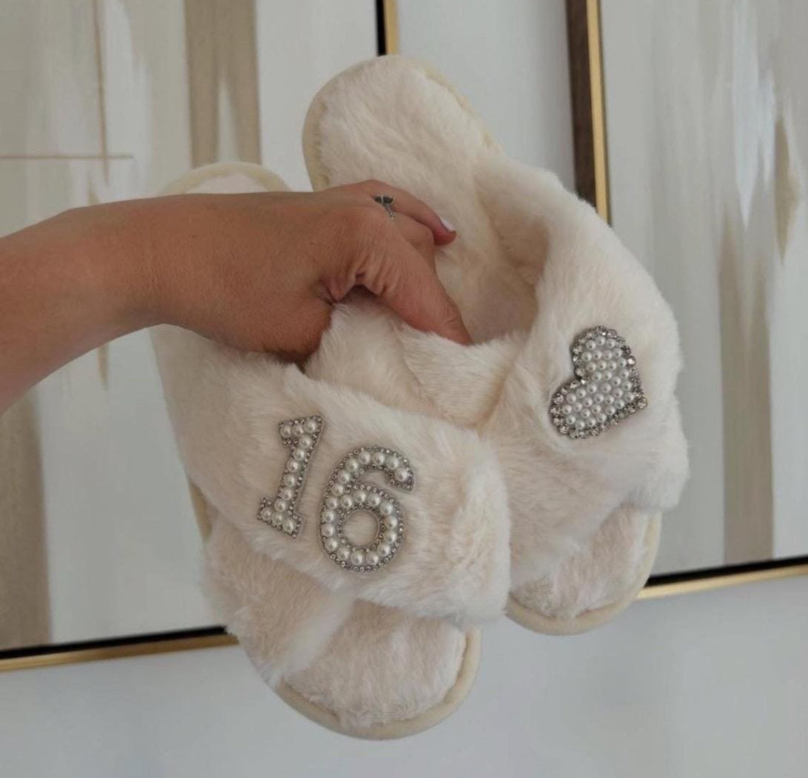 Personalised Birthday Heart Pearl & Diamante Slippers