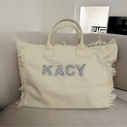 Cream Pearl personalised fringe beach bag
