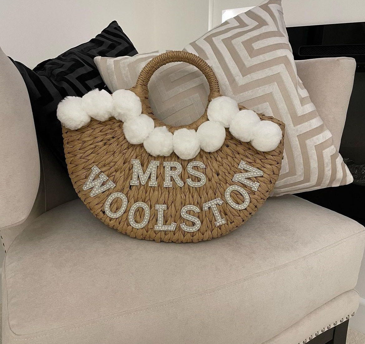 Mrs Personalised Pearl & Diamanté Pom Pom Bags