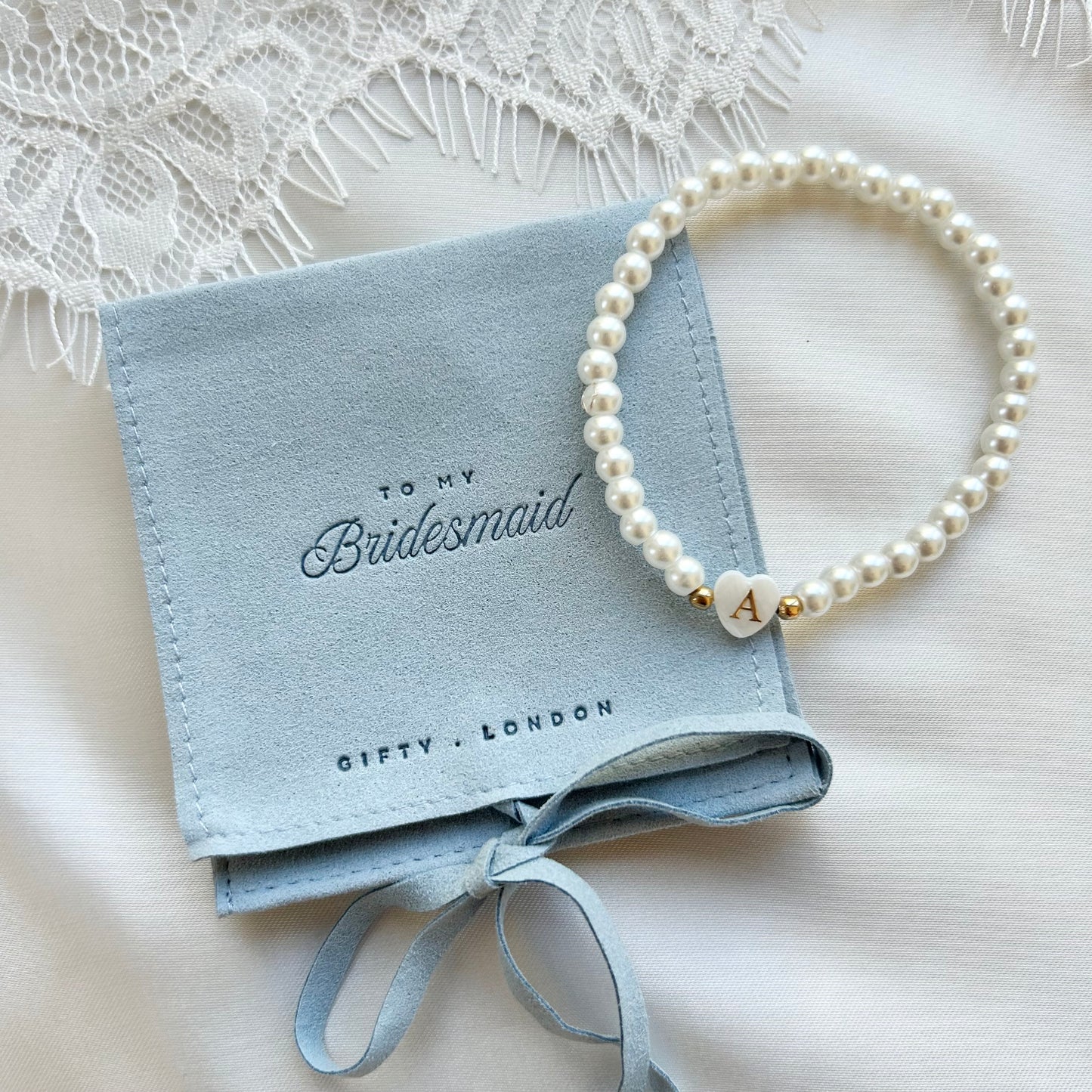 Personalised Bridesmaid Pearl Bracelet With Blue Pouch