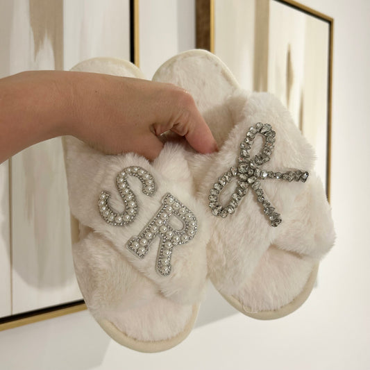 Personalised Bow Pearl & Diamante Slippers