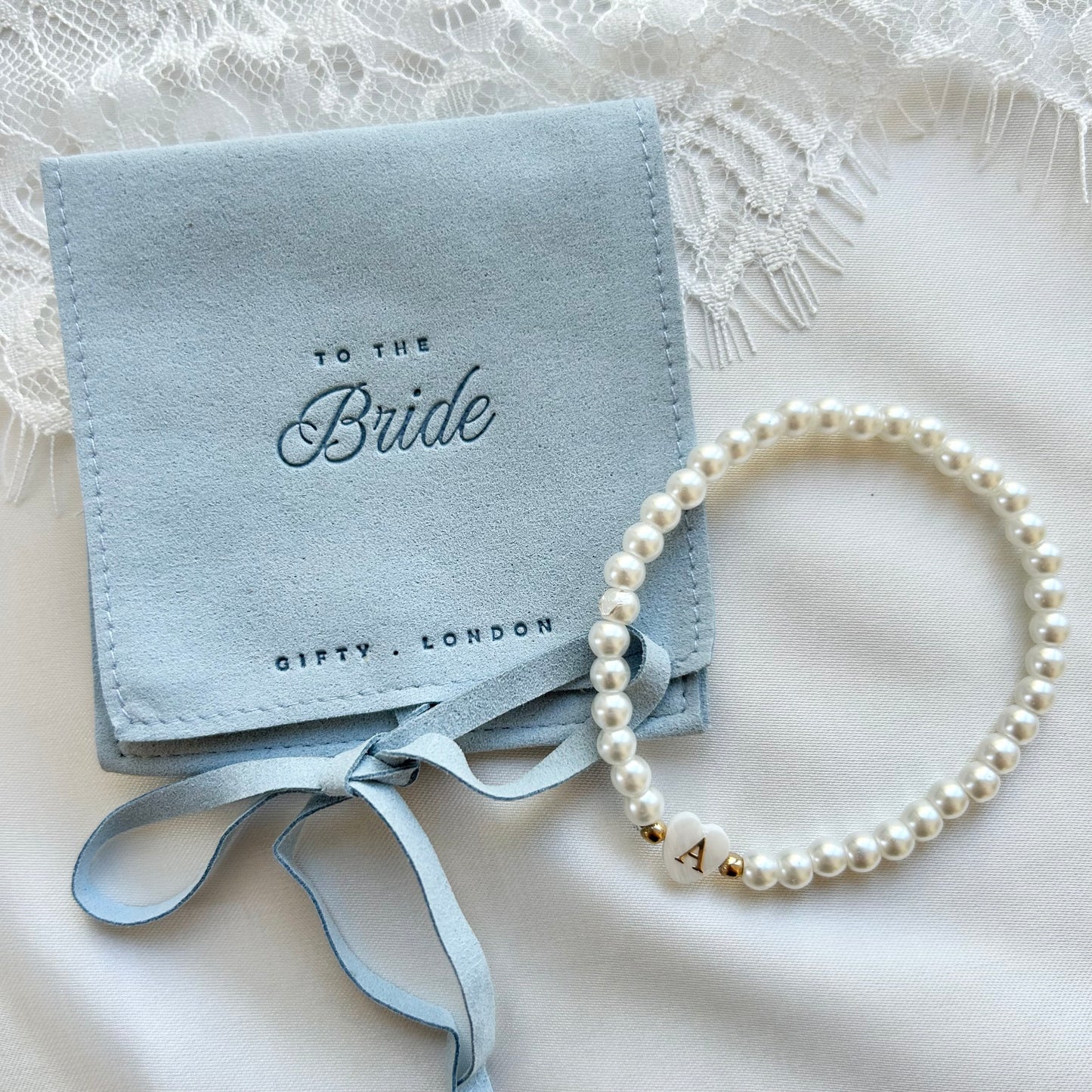 Personalised Bridesmaid Pearl Bracelet With Blue Pouch