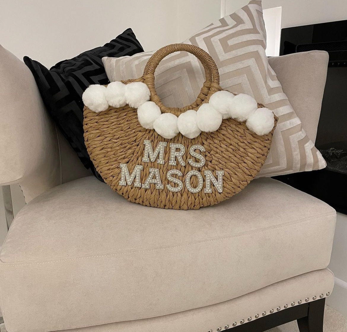 Mrs Personalised Pearl & Diamanté Pom Pom Bags