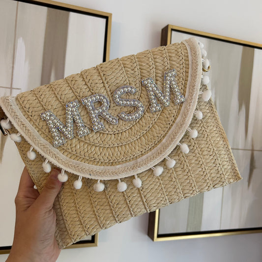 Personalised Pearl & Diamante detail woven pom pom trim clutch bag