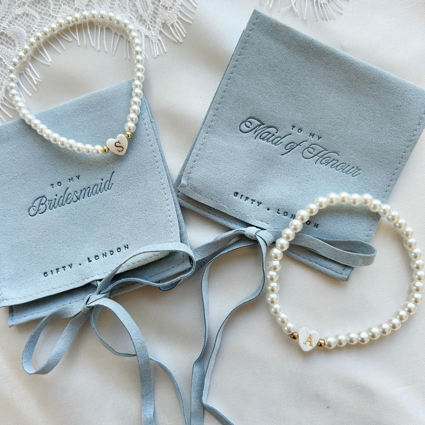 Personalised Bridesmaid Pearl Bracelet With Blue Pouch