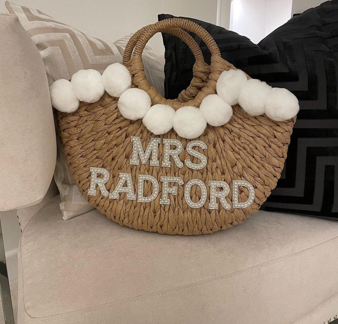 Mrs Personalised Pearl & Diamanté Pom Pom Bags