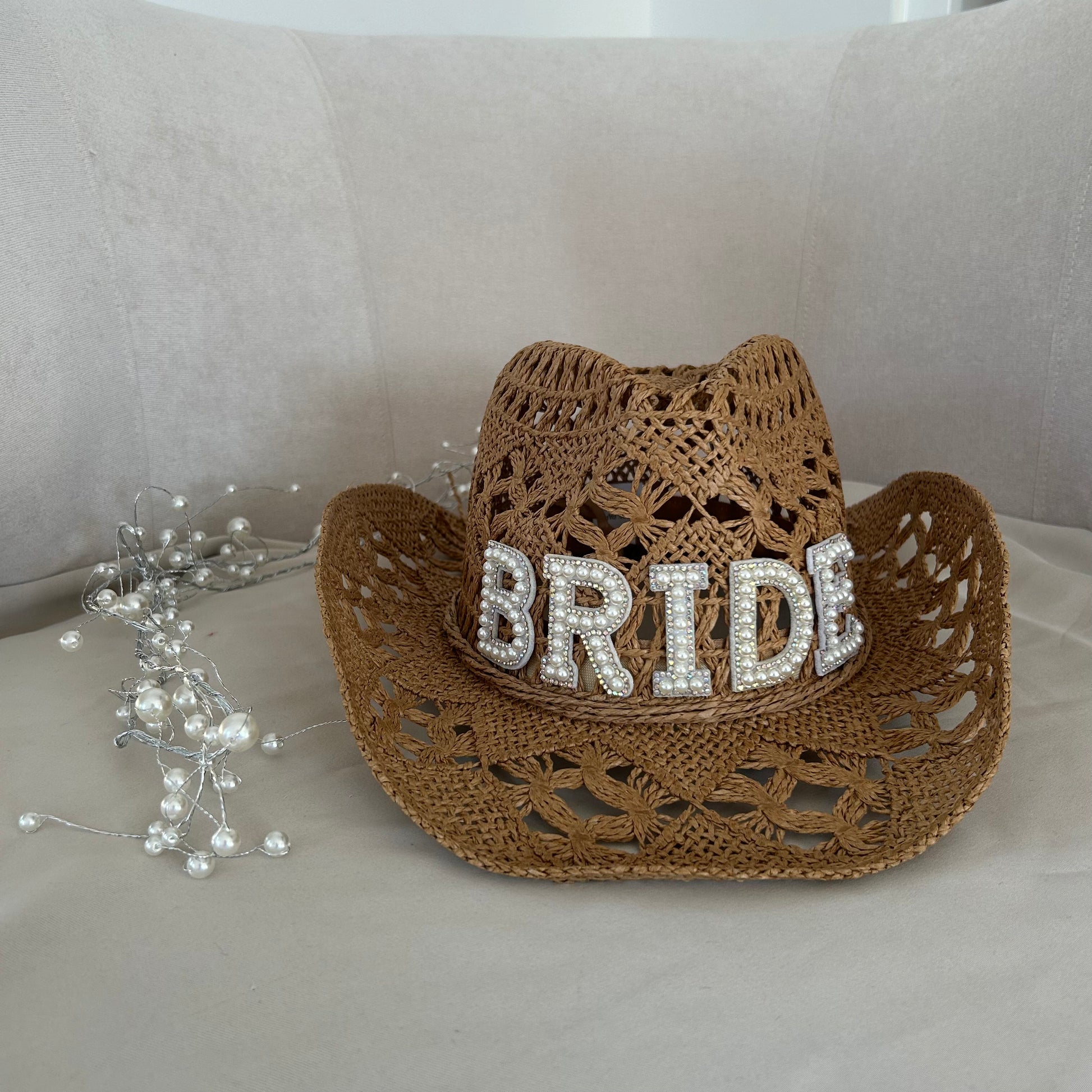 Straw Pearl Personalised Cowboy Hat Plain hat (no letters) White