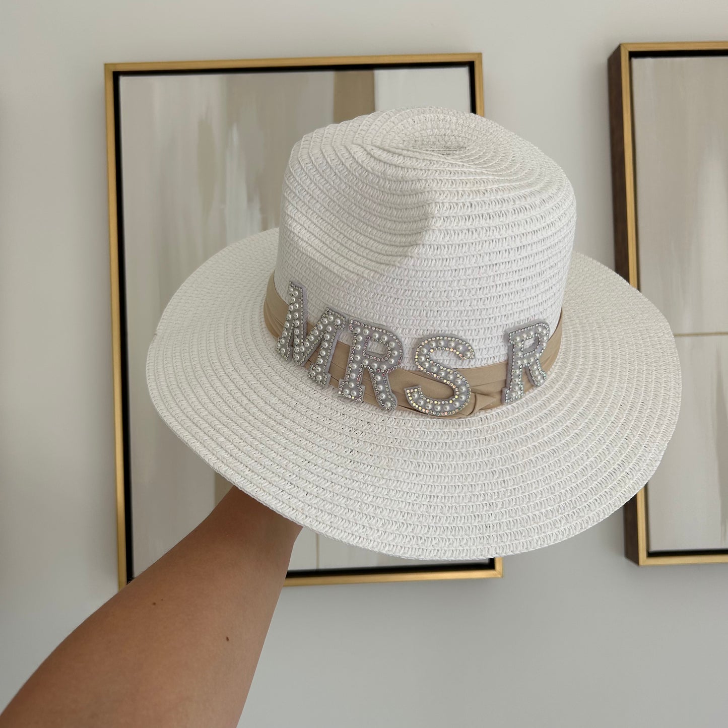 Cream/Beige Pearl Personalised Straw Hat