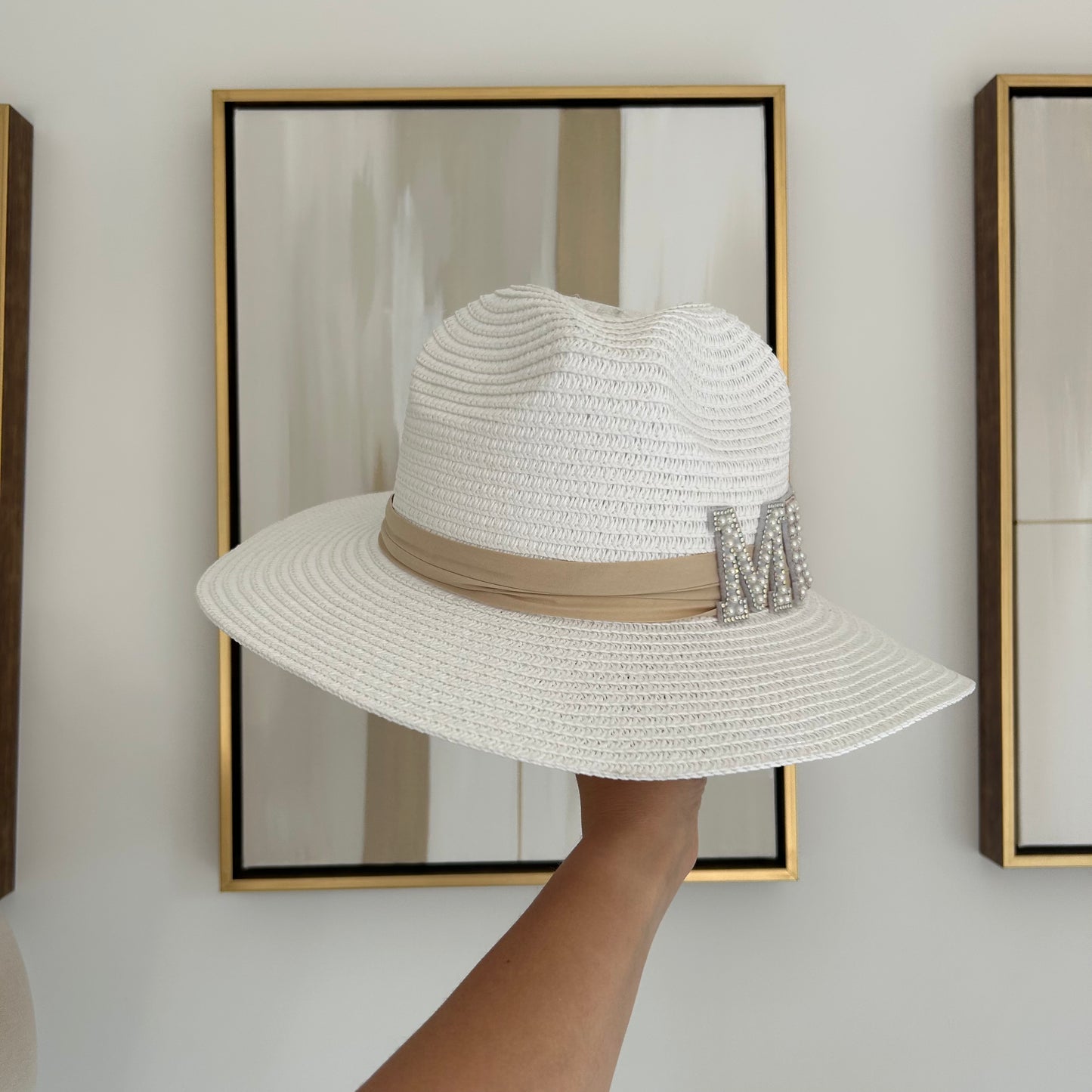 Cream/Beige Pearl Personalised Straw Hat