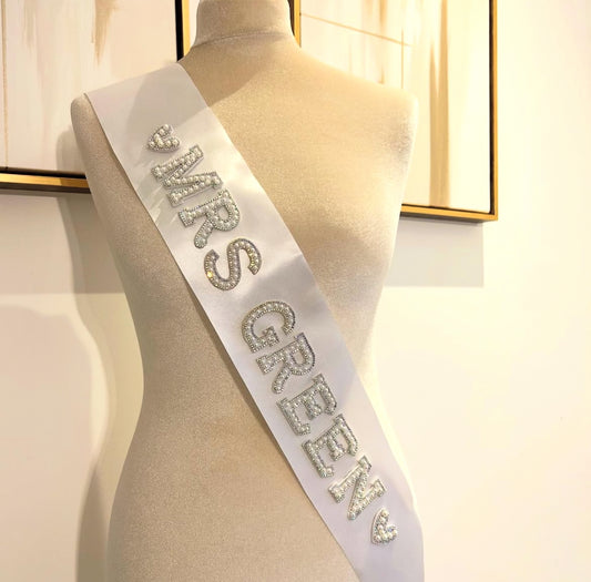 Mrs & Surname Bride Pearl Diamate Personalised Bridal Sash