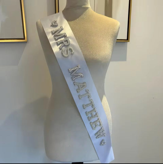 Mrs & Surname Bride Pearl Diamate Personalised Bridal Sash