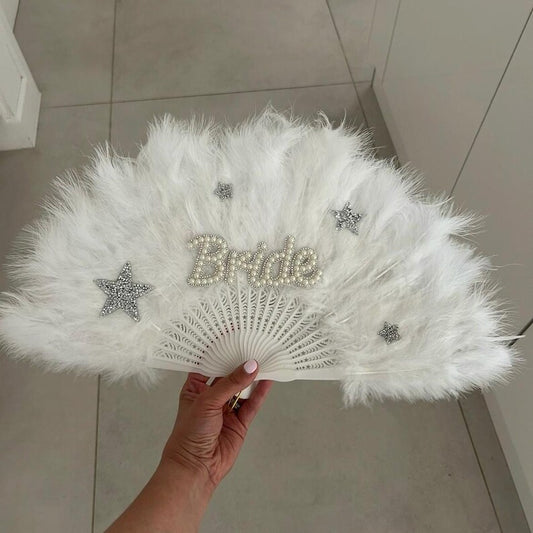 White Personalised Bridal Feather Fan W/ Star Patches
