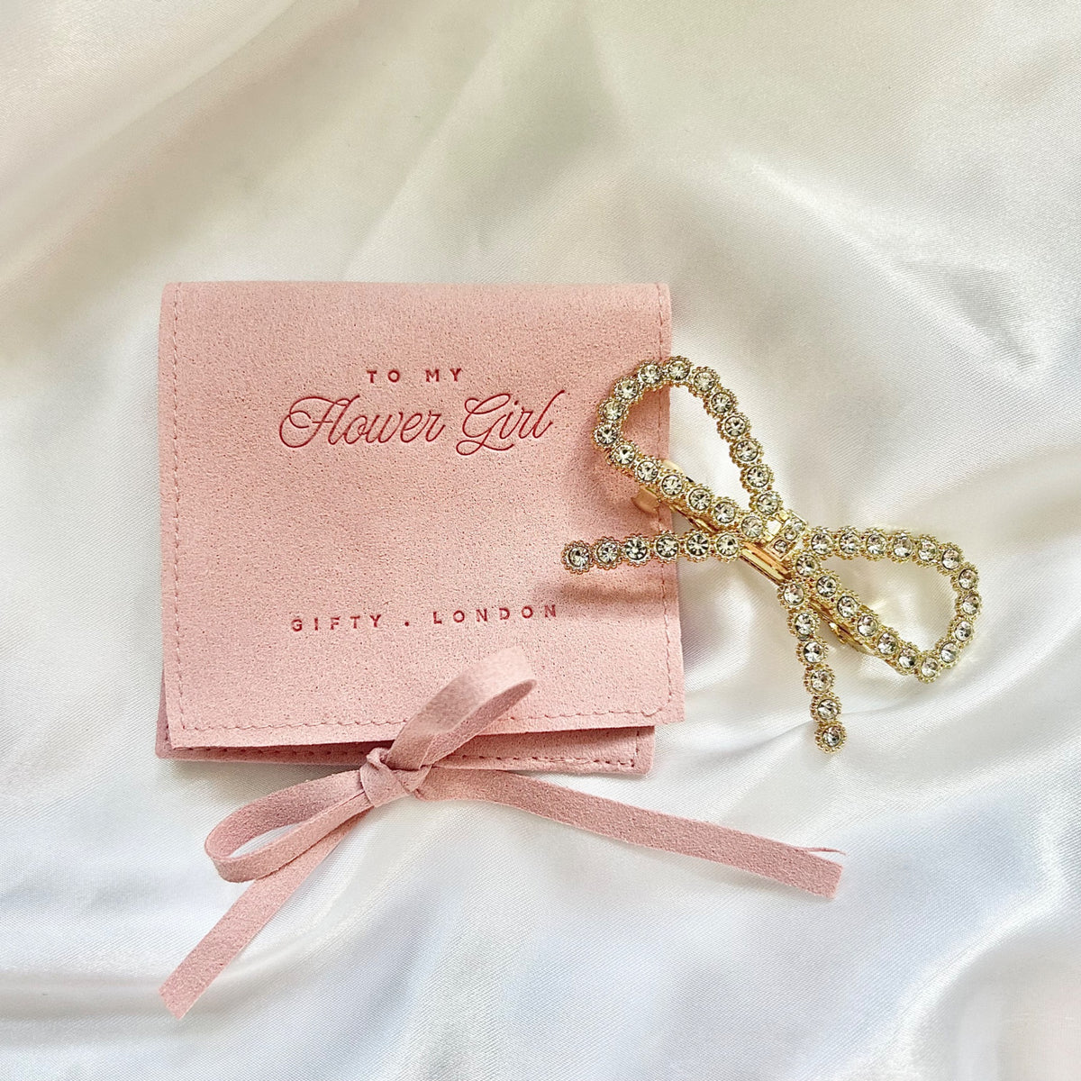 Flower girl bow hair clip and luxury gift pouch - product view 1