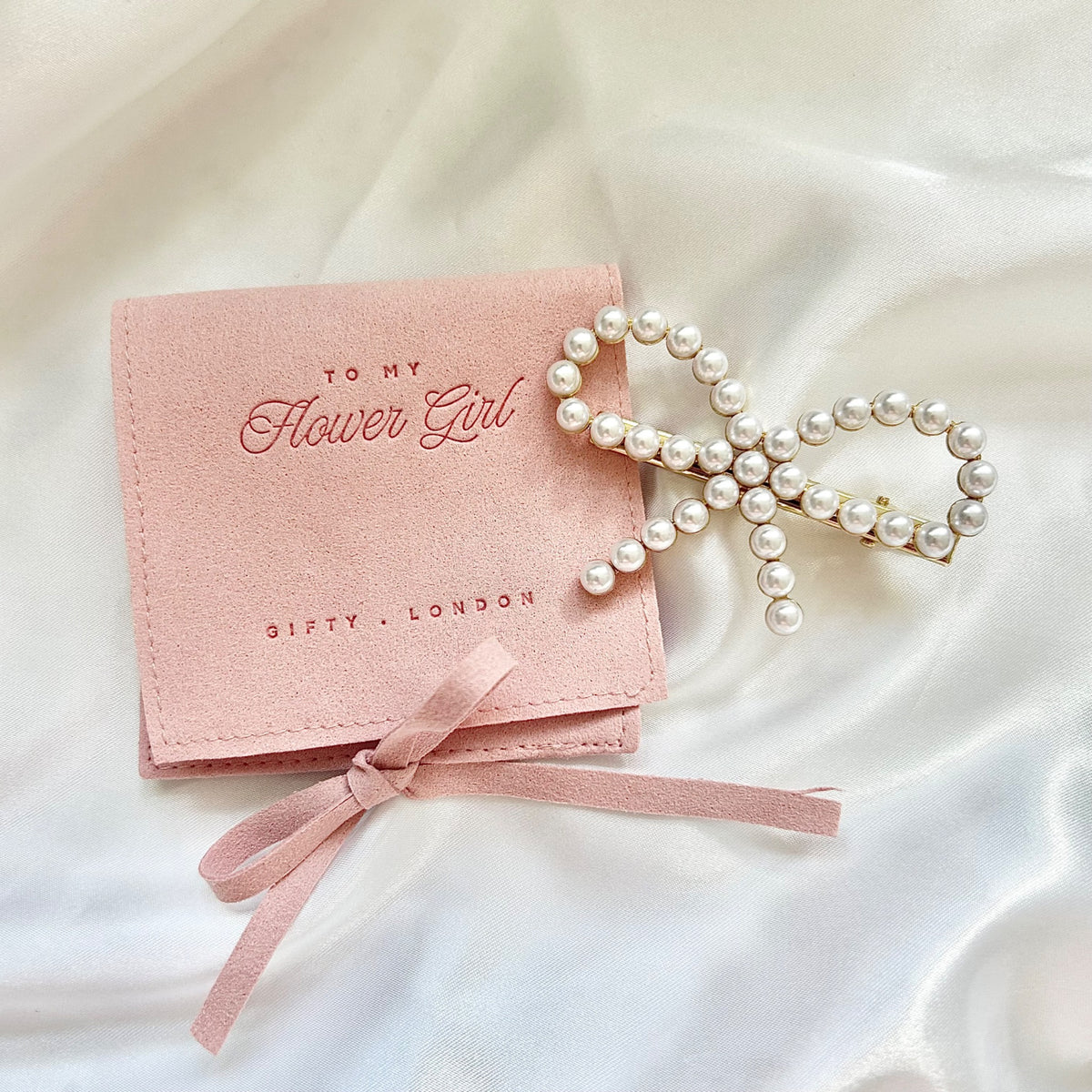 Flower girl bow hair clip and luxury gift pouch - product view 2